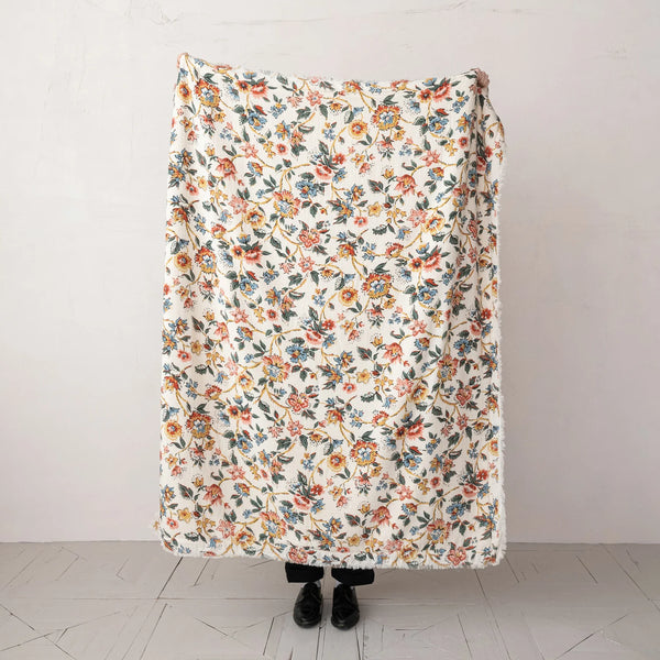Woven Cotton Printed Throw w/ Sherpa Back, Flower Pattern & Fringe