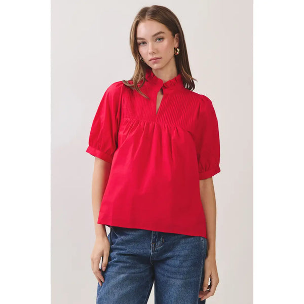 Red Pintuck Ruffle Neck Babydoll Top