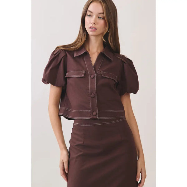 Chocolate Contrast Stitch Puff Sleeve Cropped Top