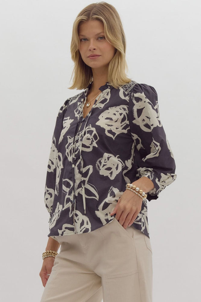 Charcoal Printed V-neck 3/4 Sleeve Top