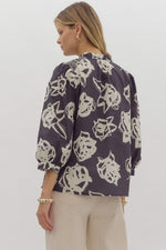 Charcoal Printed V-neck 3/4 Sleeve Top