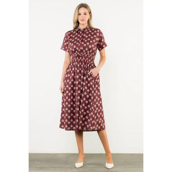 Smocked Waist Short Sleeve Print Midi Dress - Maroon