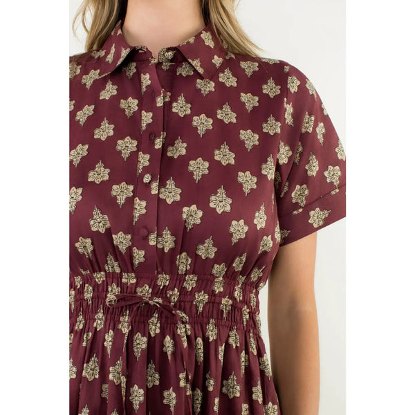 Smocked Waist Short Sleeve Print Midi Dress - Maroon