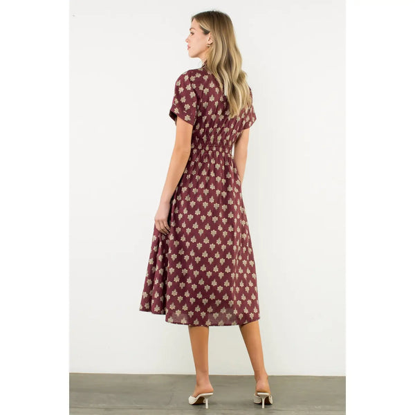 Smocked Waist Short Sleeve Print Midi Dress - Maroon