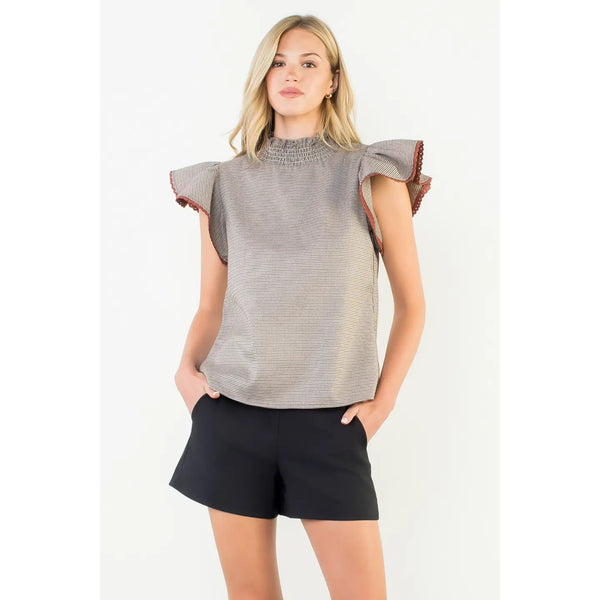 Smocked Neck Flutter Sleeve Houndstooth Top