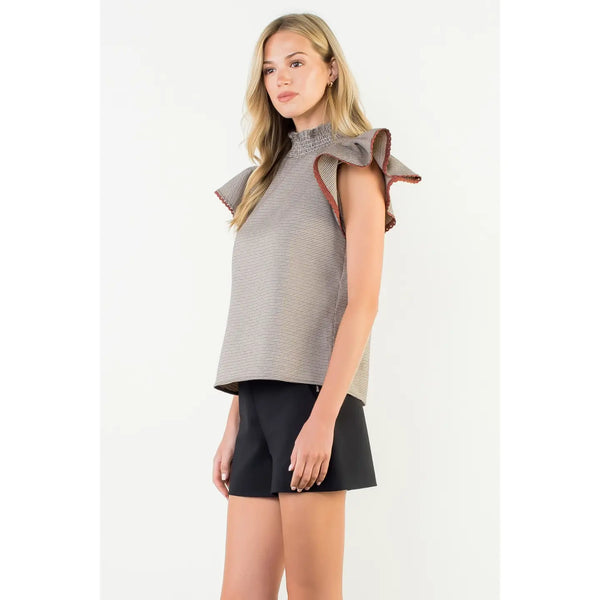 Smocked Neck Flutter Sleeve Houndstooth Top