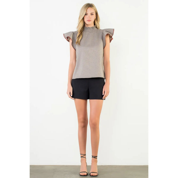 Smocked Neck Flutter Sleeve Houndstooth Top