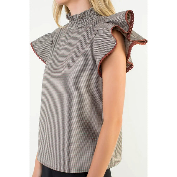 Smocked Neck Flutter Sleeve Houndstooth Top
