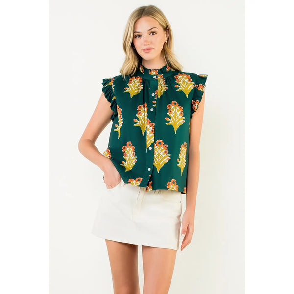 Flutter Sleeve Floral Detail Top - Green