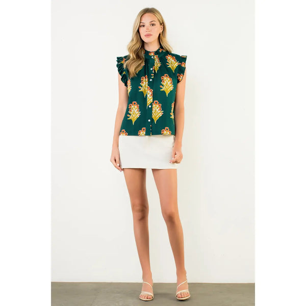 Flutter Sleeve Floral Detail Top - Green
