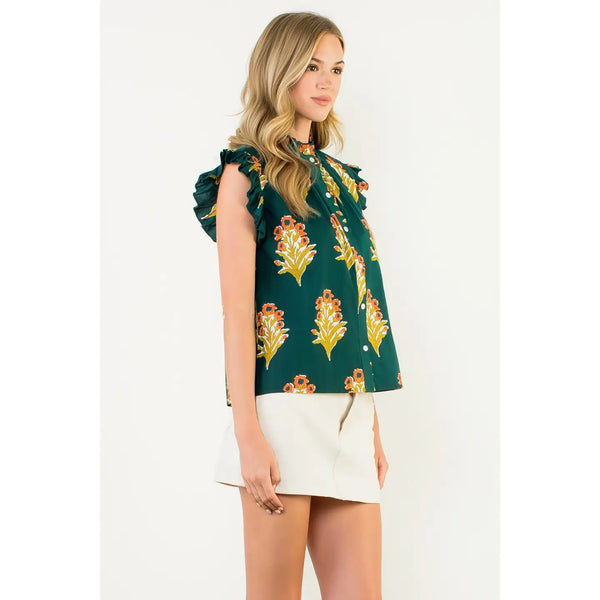 Flutter Sleeve Floral Detail Top - Green
