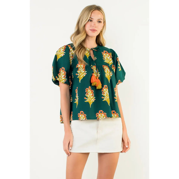 Puff Sleeve Floral Detailed Tie Tassel Top - Green