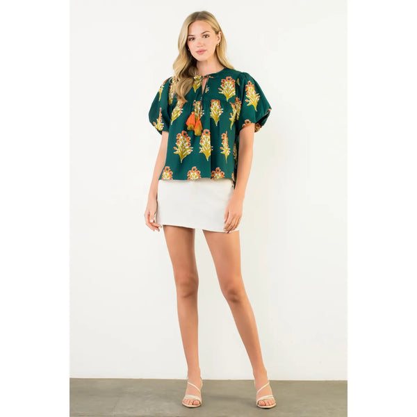 Puff Sleeve Floral Detailed Tie Tassel Top - Green