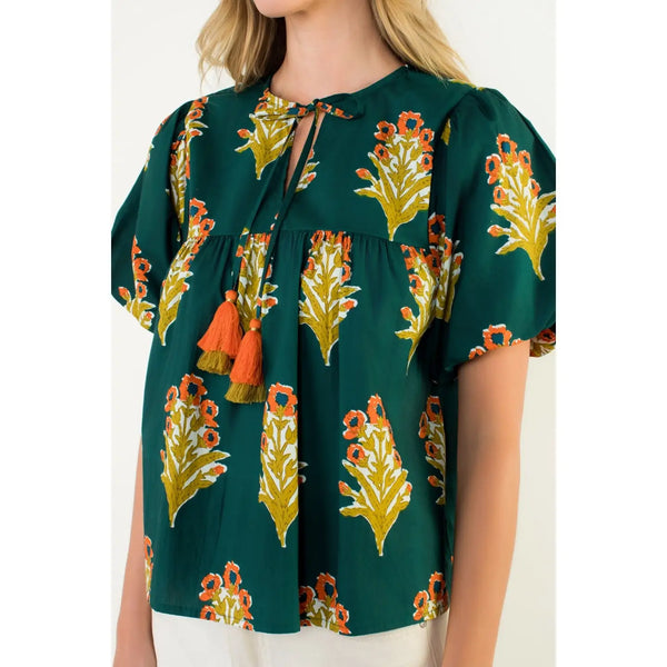 Puff Sleeve Floral Detailed Tie Tassel Top - Green