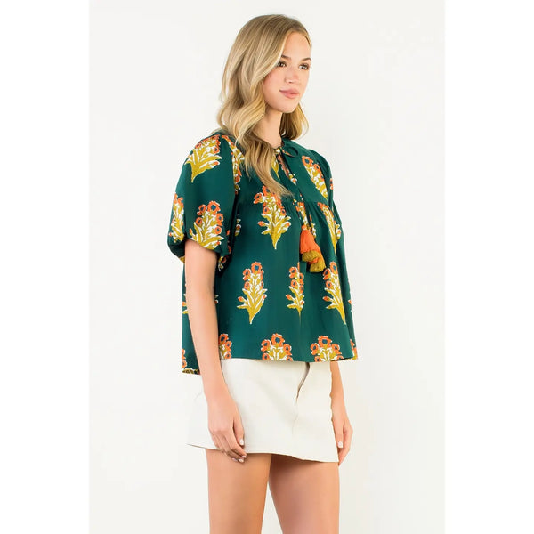 Puff Sleeve Floral Detailed Tie Tassel Top - Green
