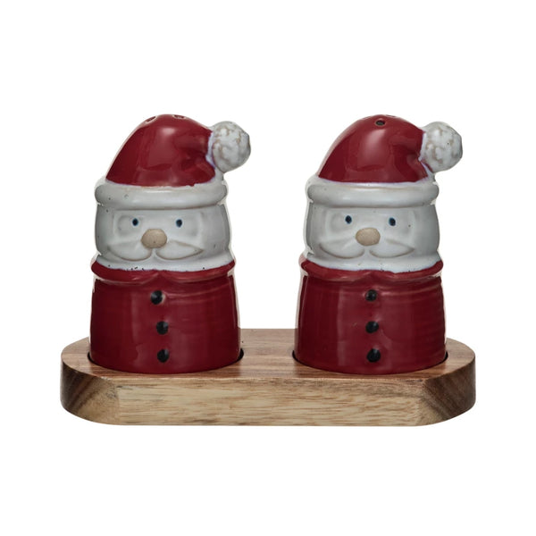 Stoneware Santa Shaped Salt & Pepper Shakers w/ Acacia Wood Tray