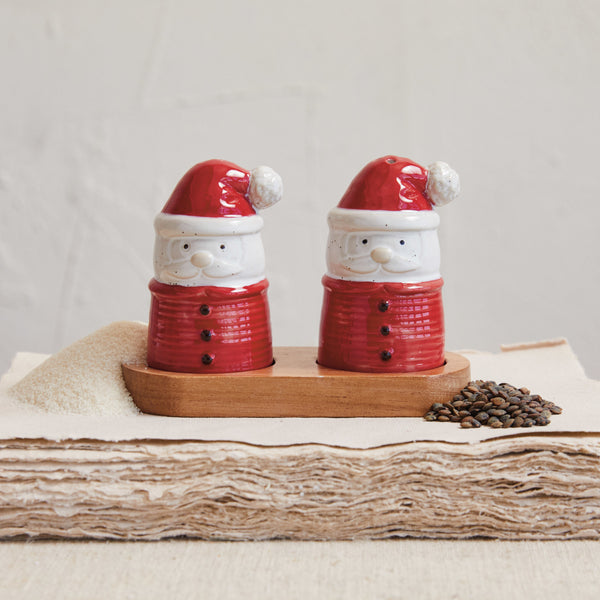 Stoneware Santa Shaped Salt & Pepper Shakers w/ Acacia Wood Tray