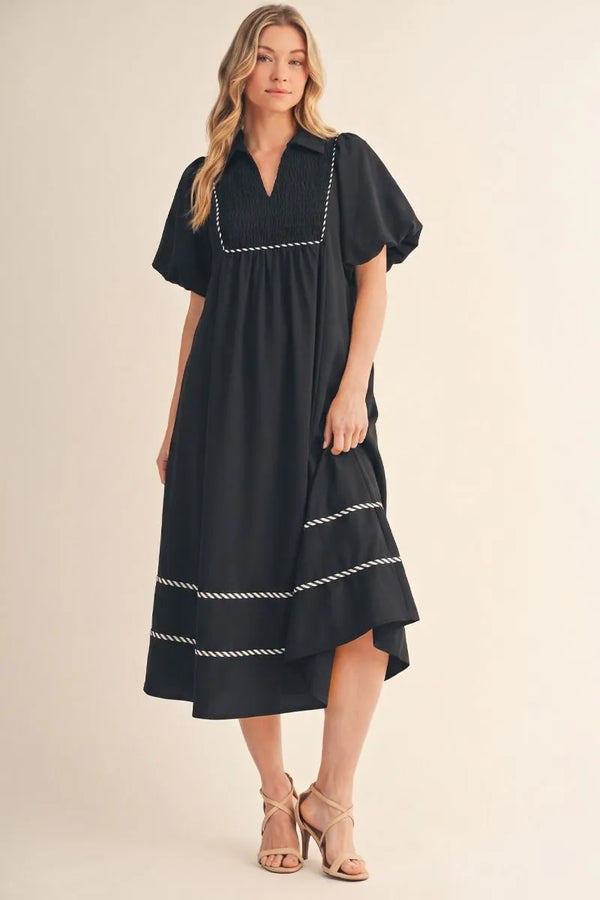 Black Short Puff Sleeves Solid Midi Dress w Front Smocking