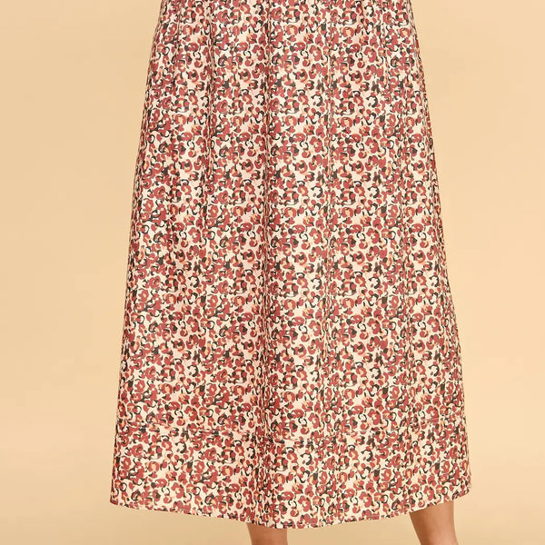 Abstract Floral Print Relaxed A Line Midi Skirt Burgundy
