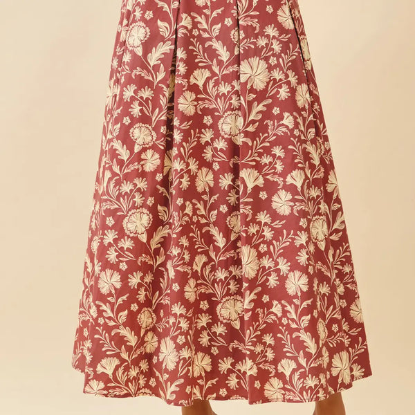 Floral Print Pleated Detail A Line Midi Skirt Brick