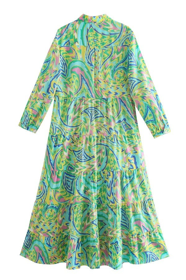 Colorful Printed Long Sleeve Button Down Dress