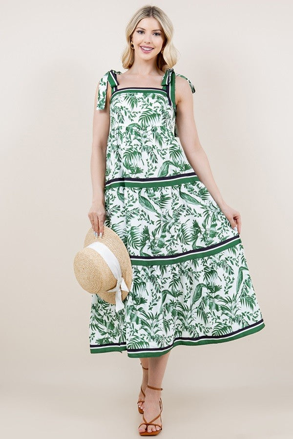 Tropical Print Tie Strap Tiered Dress