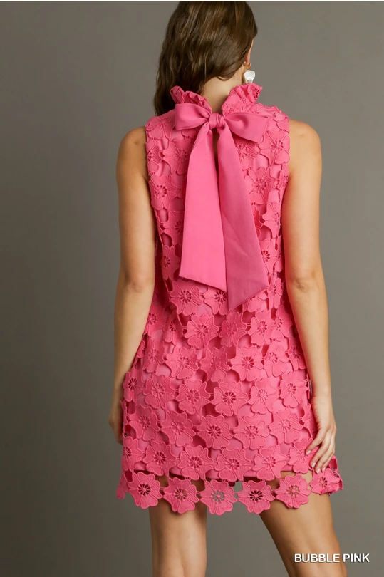 Pink Floral Lace Dress with Bow