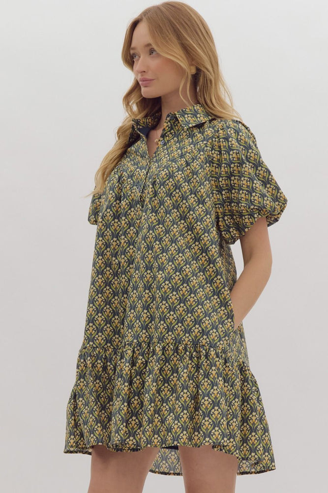 Printed Collared Puff Sleeve Mini Dress