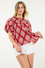 Red Puff Sleeve Tassel Tie Top