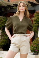 Olive Puff Sleeve Suede Top