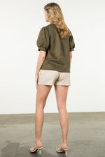 Olive Puff Sleeve Suede Top