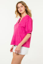 Fuschia Puff Sleeve Suede Top