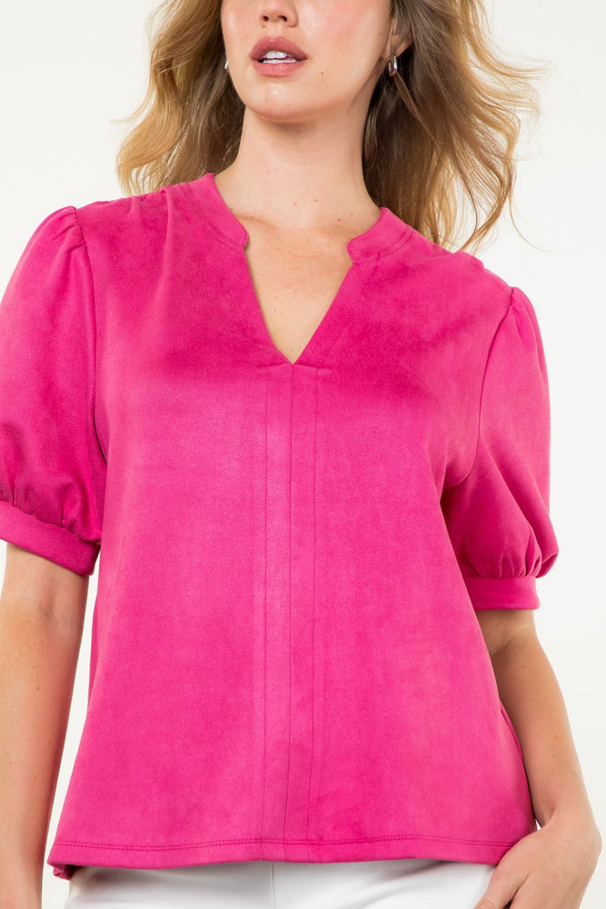 Fuschia Puff Sleeve Suede Top