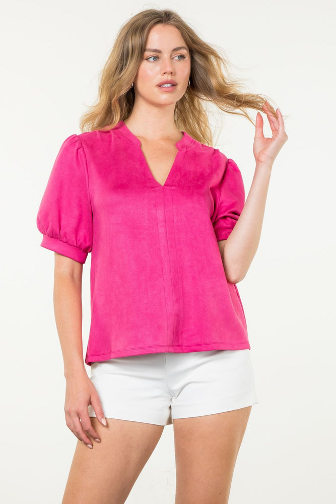 Fuschia Puff Sleeve Suede Top