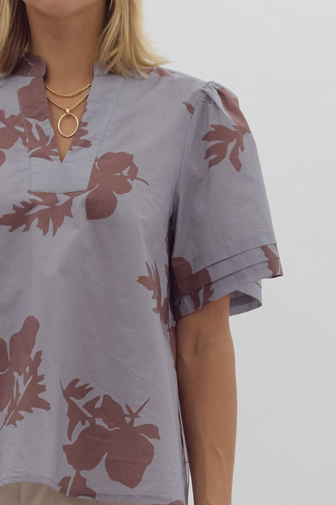 Floral Print V-neck Top Slate Blue