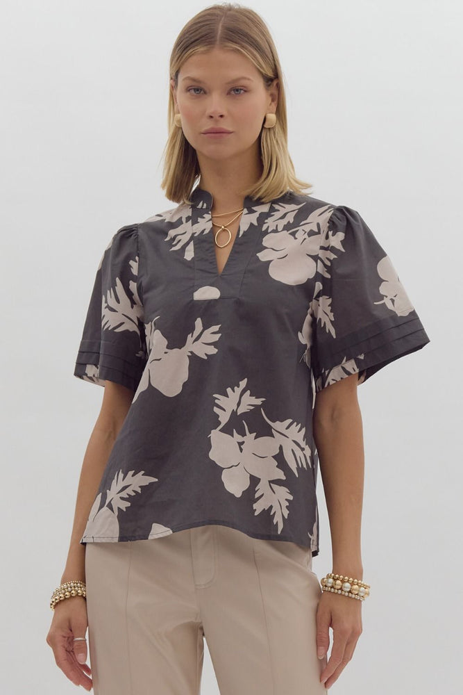 Floral Print V-Neck Top Charcoal