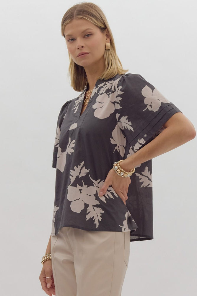 Floral Print V-Neck Top Charcoal