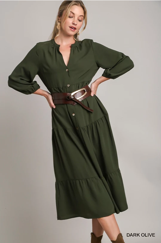 Tiered Button Down Dress: Dark Olive