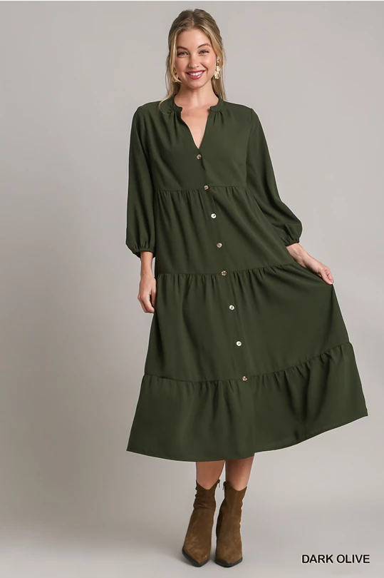 Tiered Button Down Dress: Dark Olive