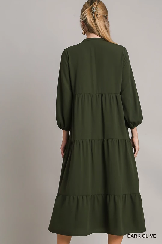 Tiered Button Down Dress: Dark Olive