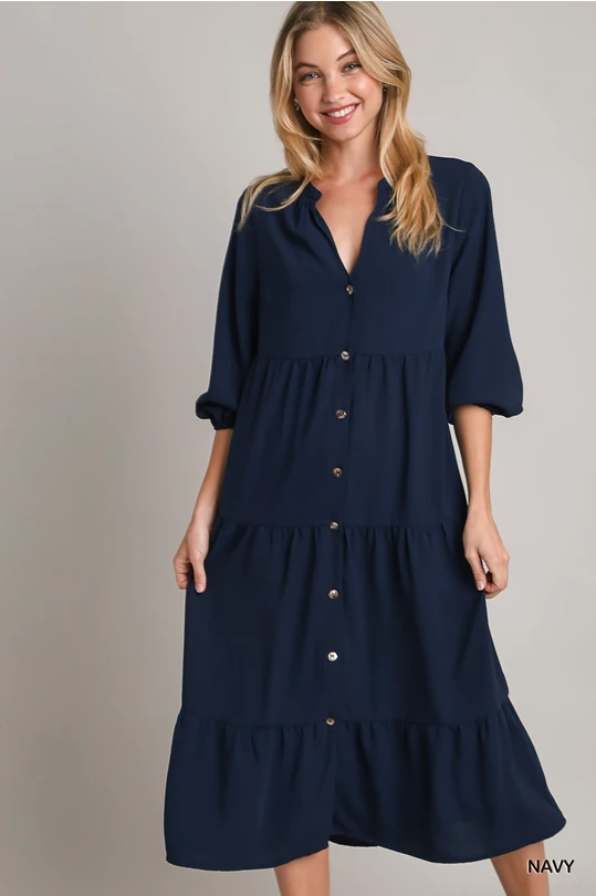 Tiered Button Down Dress: Navy