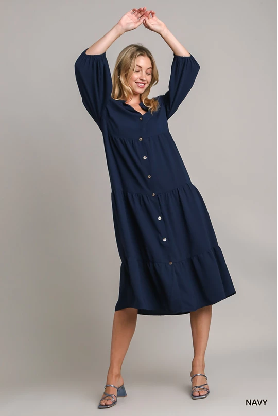 Tiered Button Down Dress: Navy