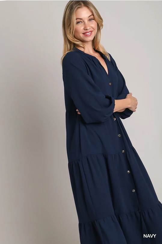 Tiered Button Down Dress: Navy