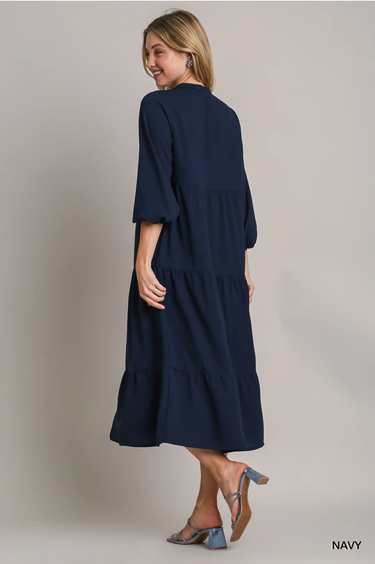 Tiered Button Down Dress: Navy