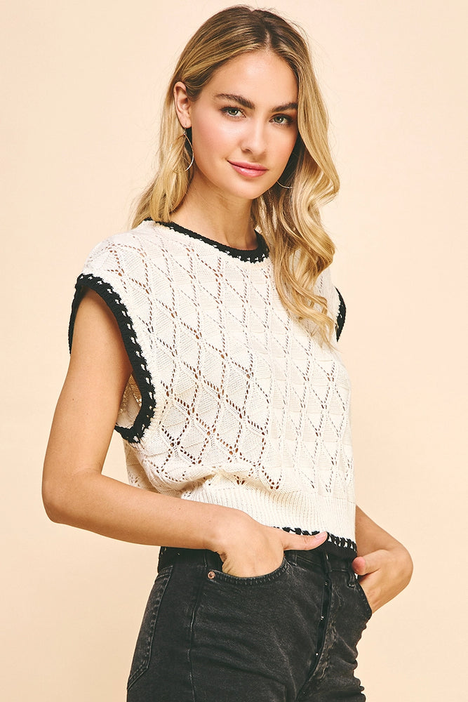 Sleeveless Crochet Sweater Top - Cream/Black