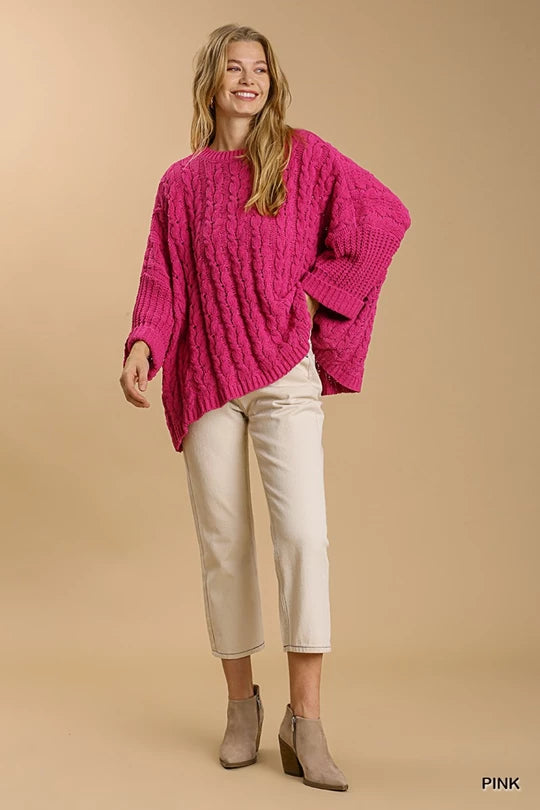 Chenille Cable Knit Sweater - Pink