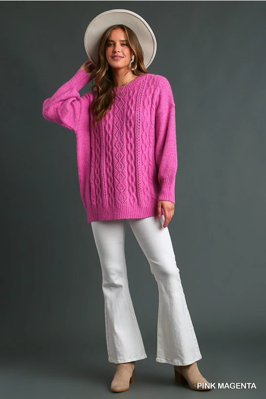 Cable Knit Crewneck Sweater - Pink Magenta