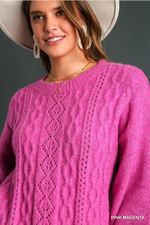 Cable Knit Crewneck Sweater - Pink Magenta