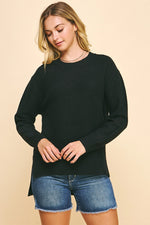 Crewneck Sweater with Side Slit - Black