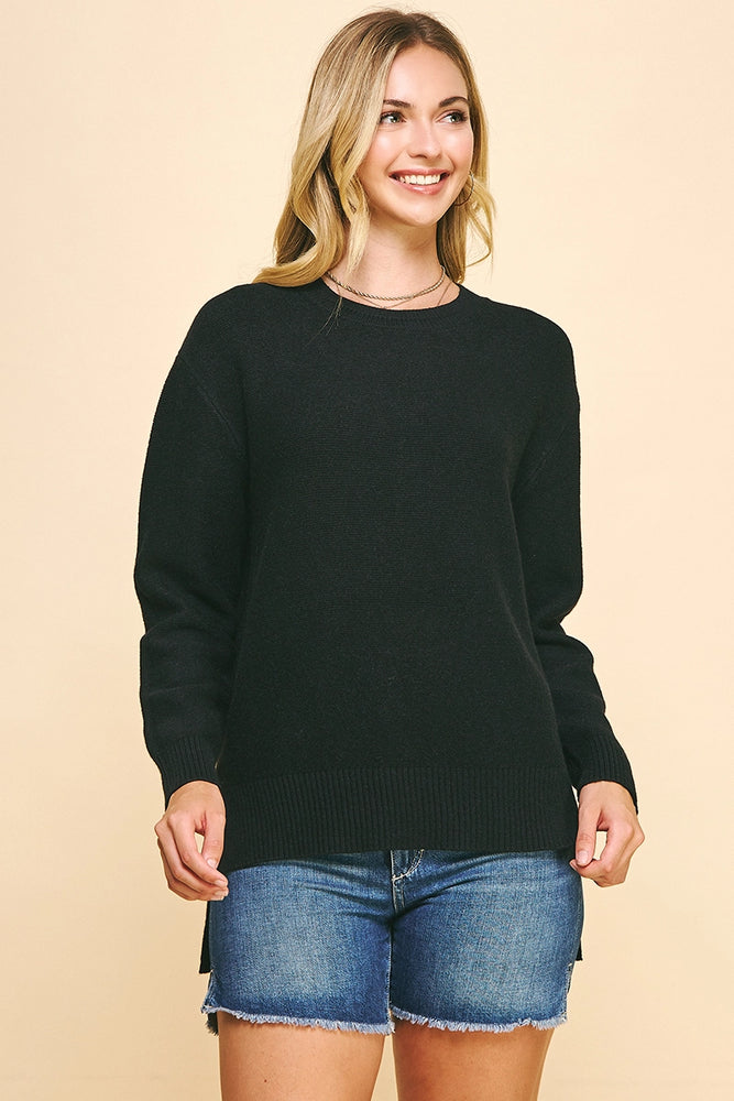 Crewneck Sweater with Side Slit - Black